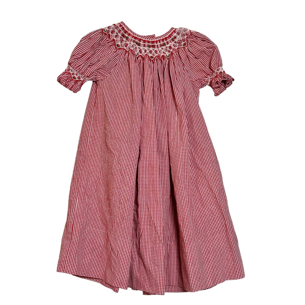 Sweet Angela by Rosalina Red Gingham Smocked Dress 18M Floral Embroidery Vintage